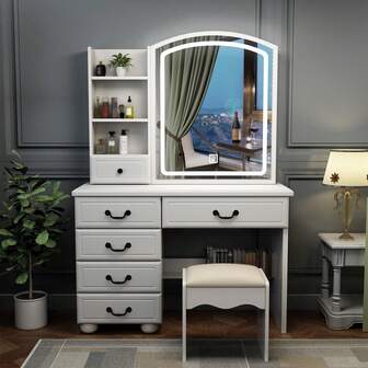 Elegant Vanity Desk With Lighted Mirror, 6 Drawer White Dressing Table Set For Bedroom, Features Adjustable 3-Color LED Lights, Perfect Makeup Vanity With Storage