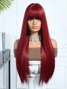 26英寸/65厘米长直酒红色假发，带刘海，女士耐热合成假发，自然逼真，适合角色扮演、彩色合成假发、高温丝假发、直发假发、带刘海假发、节日日常时尚风格合成假发、编织假发，也适合万圣节和圣诞节佩戴。 - 酒紅色 - 查看 3