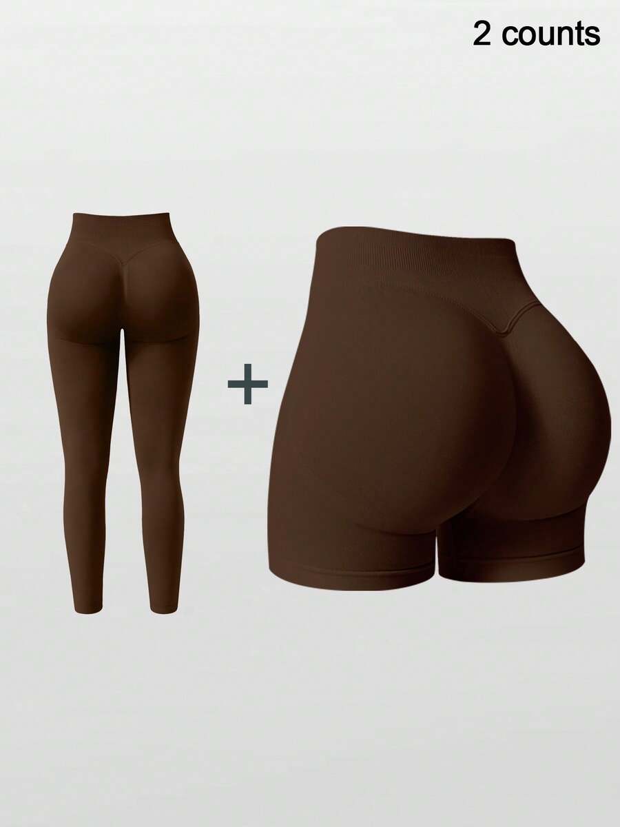 NcmRyu 2pcs Women's High Waist Slimming Lifting Yoga Pants For Fitness, Outdoor Sports Summer - 摩卡棕 - 查看 1