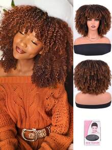 Short Afro Kinky Curly Wig With Bangs For Women High Temperature Synthetic Hair Wig Curly Afro Wigs For Women - Curly Afro Wigs Black Wig For Women Brown Gold Gradient 12 Inch Replacement Wigs Party Use Natural Black Hair Carnival Cosplay Wigs - 1B/30 - 查看 1