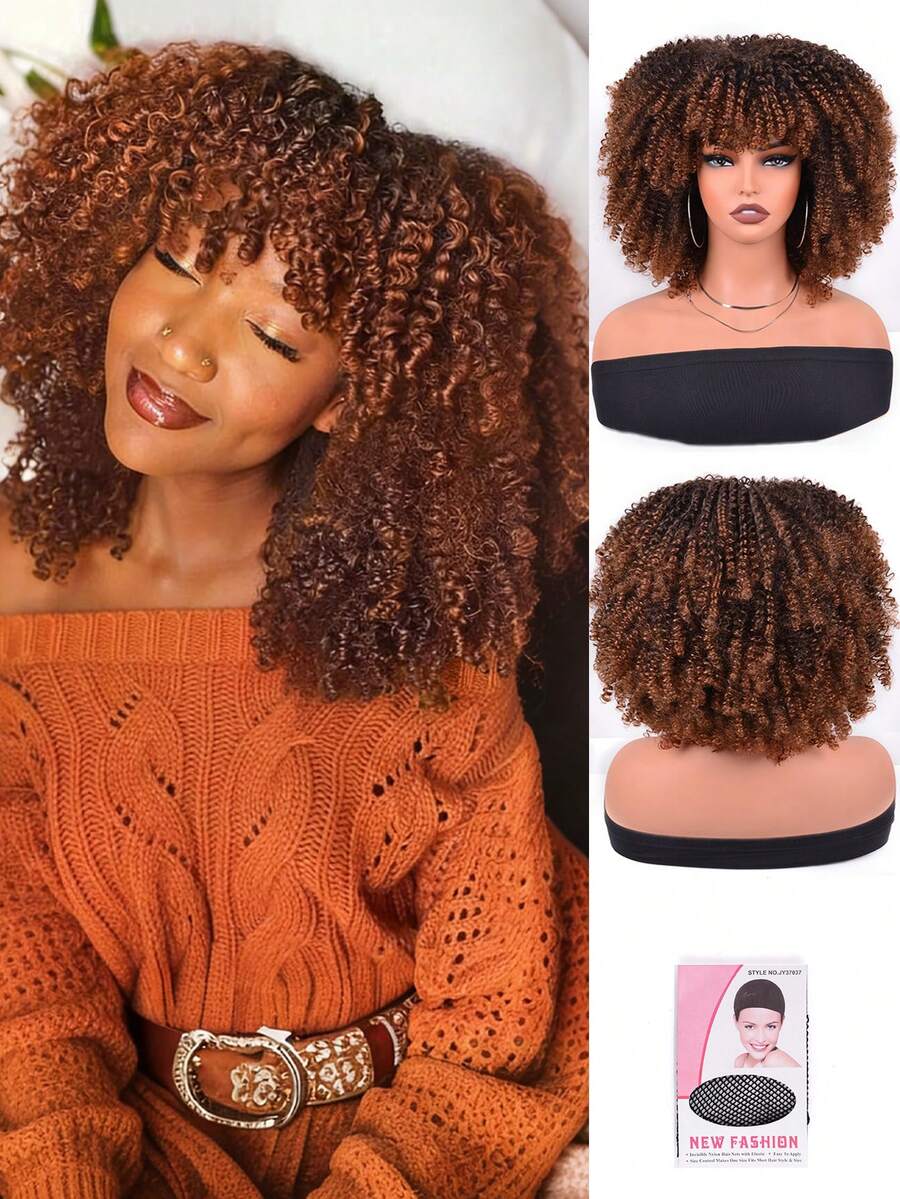 Short Afro Kinky Curly Wig With Bangs For Women High Temperature Synthetic Hair Wig Curly Afro Wigs For Women - Curly Afro Wigs Black Wig For Women Brown Gold Gradient 12 Inch Replacement Wigs Party Use Natural Black Hair Carnival Cosplay Wigs - 1B/30 - 查看 1