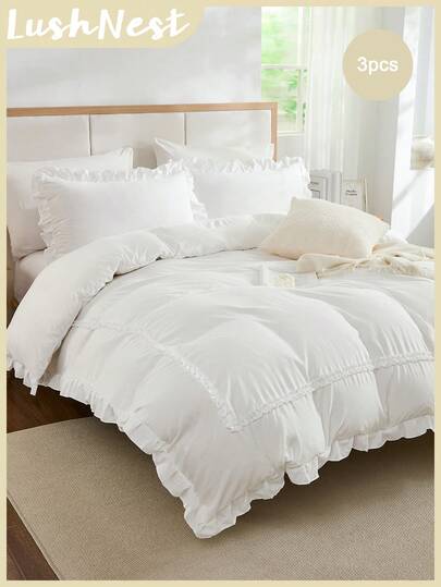 3pcs White Plaid Ruffle Duvet Cover Set (1 Duvet Cover + 2 Pillow Shams, Comforter Not Included), Cute And Playful, Suitable For Daily Use, Soft And Skin-Friendly Polyester Fabric, Applicable To Master Bedroom, Guest Room, Secondary Bedroom, Suitable For All Seasons, Pastoral Style, Dreamy Bedding, Designer Duvet Cover Set, Essential For Bedding Upgrade