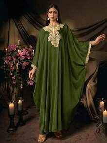AmazingHoney Elegant Women's Olive Green Moroccan Style Abaya Robe, Gold Embroidery Batwing Sleeves, Loose Fit, Modest And Suitable For Ramadan, Eid, Weddings, Parties, Formal Occasions - Army Green - View 5