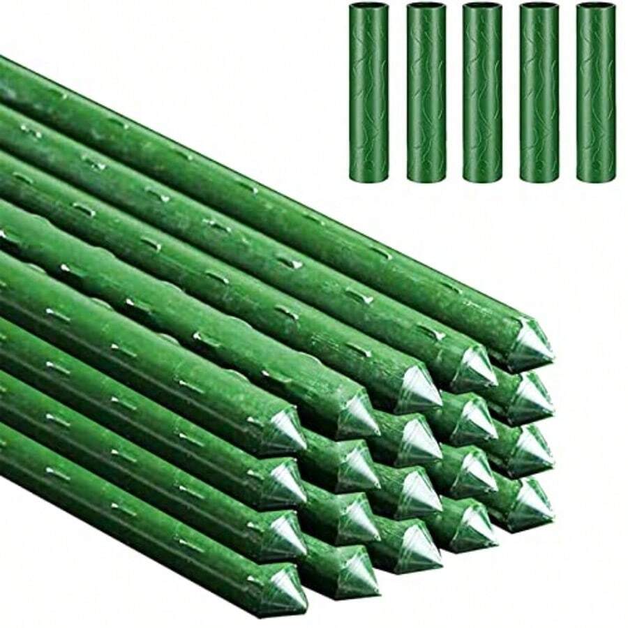 Estacas de jardín varillas resistentes de soporte para plantas 20 estacas de núcleo de acero recubierto de plástico con 5 conectores para plantas trepadoras frijoles y arbustos 16.1 pulgadas de - Verde - Ver 1