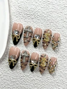 10pcs Gothic Style Nail Art Set, Acrylic Press-On Nail Stickers, Shiny White Heart, Gold Bow, Silver Cross, Gold Dollar, Shiny Asymmetrical Rhinestone Nail Accessories Nails Nail Supplies - 彩色 - 查看 14