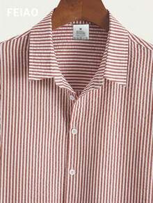 FEIAO 男士复古硬币纹理条纹短袖衬衫，休闲百搭风格，适合所有季节 - 紅木色 - 查看 5