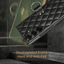 Capa de celular elegante em couro xadrez com anel de fixação e protetor de lente em vidro temperado, compatível com Samsung Galaxy Z Fold 2/3/4/5/6/7, capa protetora à prova de choque. - Preto - Ver 7