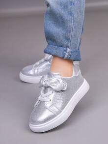 Girls' Bowknot Low-Top Canvas Sneakers, Comfortable Sports Shoes For Spring/Summer - Silver - View 5