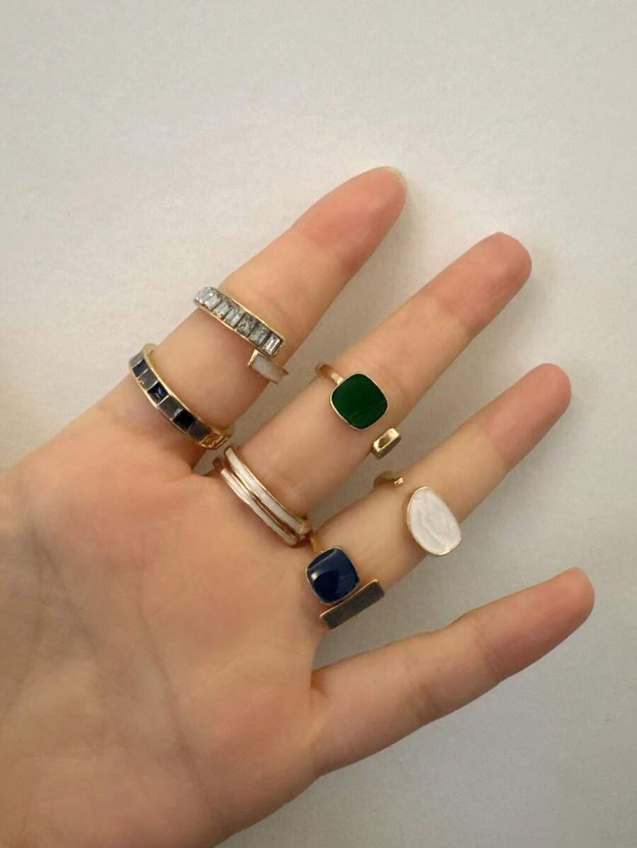 6件套Y2K水晶戒指 Kpop爱心可调节戒指 不规则几何朋克复古戒指套装 女士女孩新款时尚首饰 - 綠色+金色 - 查看 1