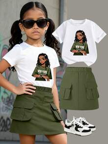 女童卡通印花圆领短袖上衣和裙子套装 - 白色 - 查看 1