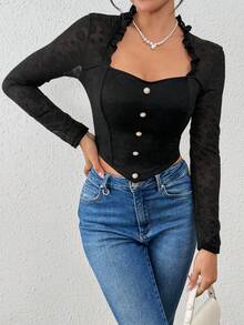 1 pieza Blusa de mujer con cuello cuadrado, volantes, botones de perla y encaje de manga larga tipo corsé, prenda exterior sexy para fiesta, Navidad, Día de San Valentín - Negro - Ver 6