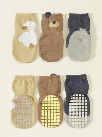 3 Pairs Cartoon Animal Print Baby Mid-Calf Socks, Breathable Non-Slip, Suitable For Spring, Autumn, All Seasons