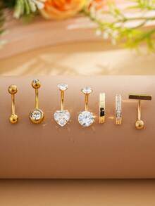 7pcs Stainless Steel Dual Heart Zirconia Navel Rings, 18K Gold Plated Sexy Belly Button Jewelry, Suitable For Festivals