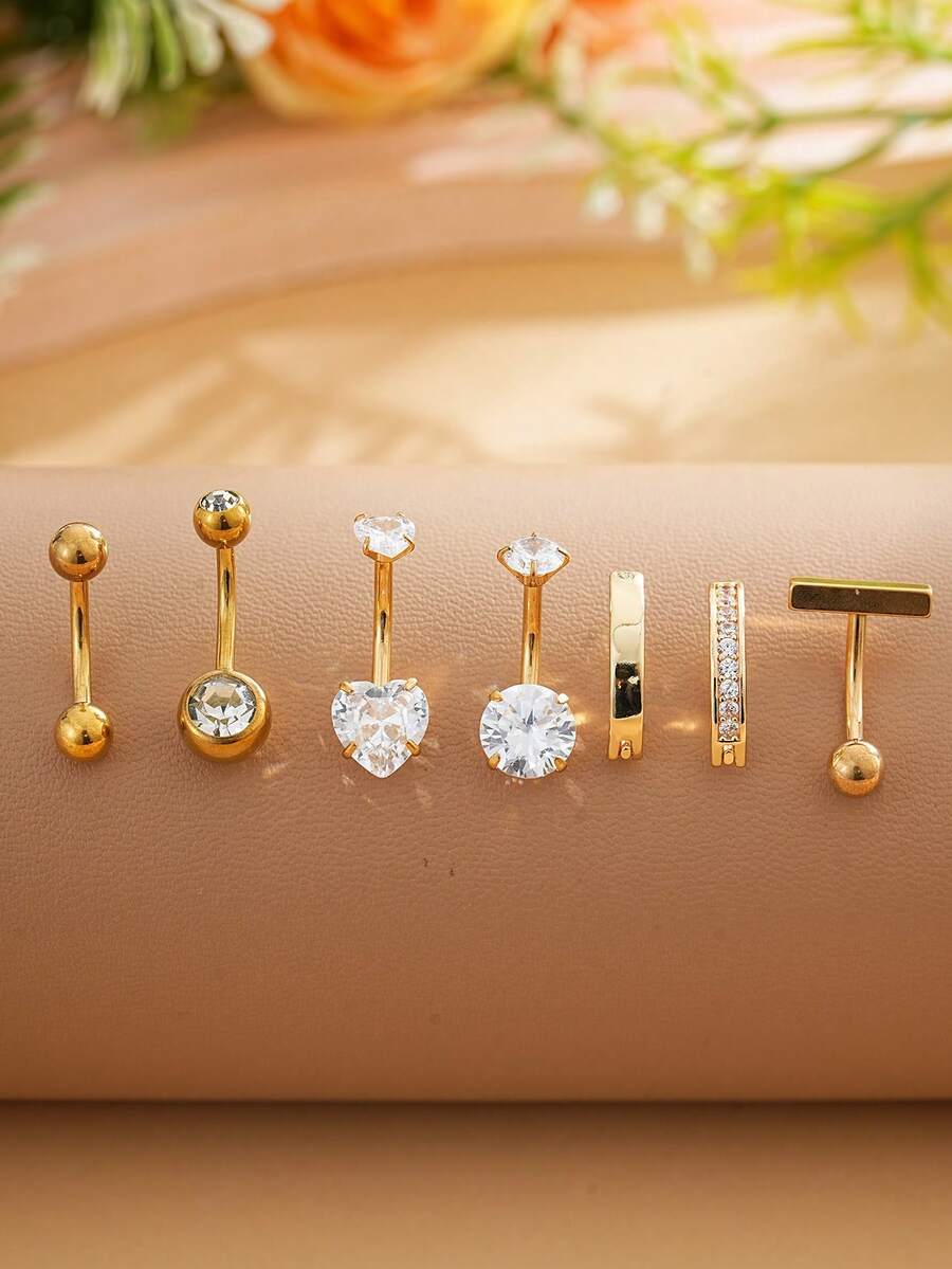 7pcs Stainless Steel Dual Heart Zirconia Navel Rings, 18K Gold Plated Sexy Belly Button Jewelry, Suitable For Festivals