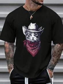Camiseta de Algodón Puro 200g para Hombre con Estampado de Gato Vaquero con Sombrero y Bandana (Talla Grande) - Cuello Redondo, Cómoda, Transpirable y Estilosa para Verano. Ajuste Regular, Lavable a Máquina, Ideal para Primavera, Verano, Otoño y Fiestas,ropa de hombre,parejas,envio nacional,regalo para hombre,oversize hombre. - Negro - Ver 1