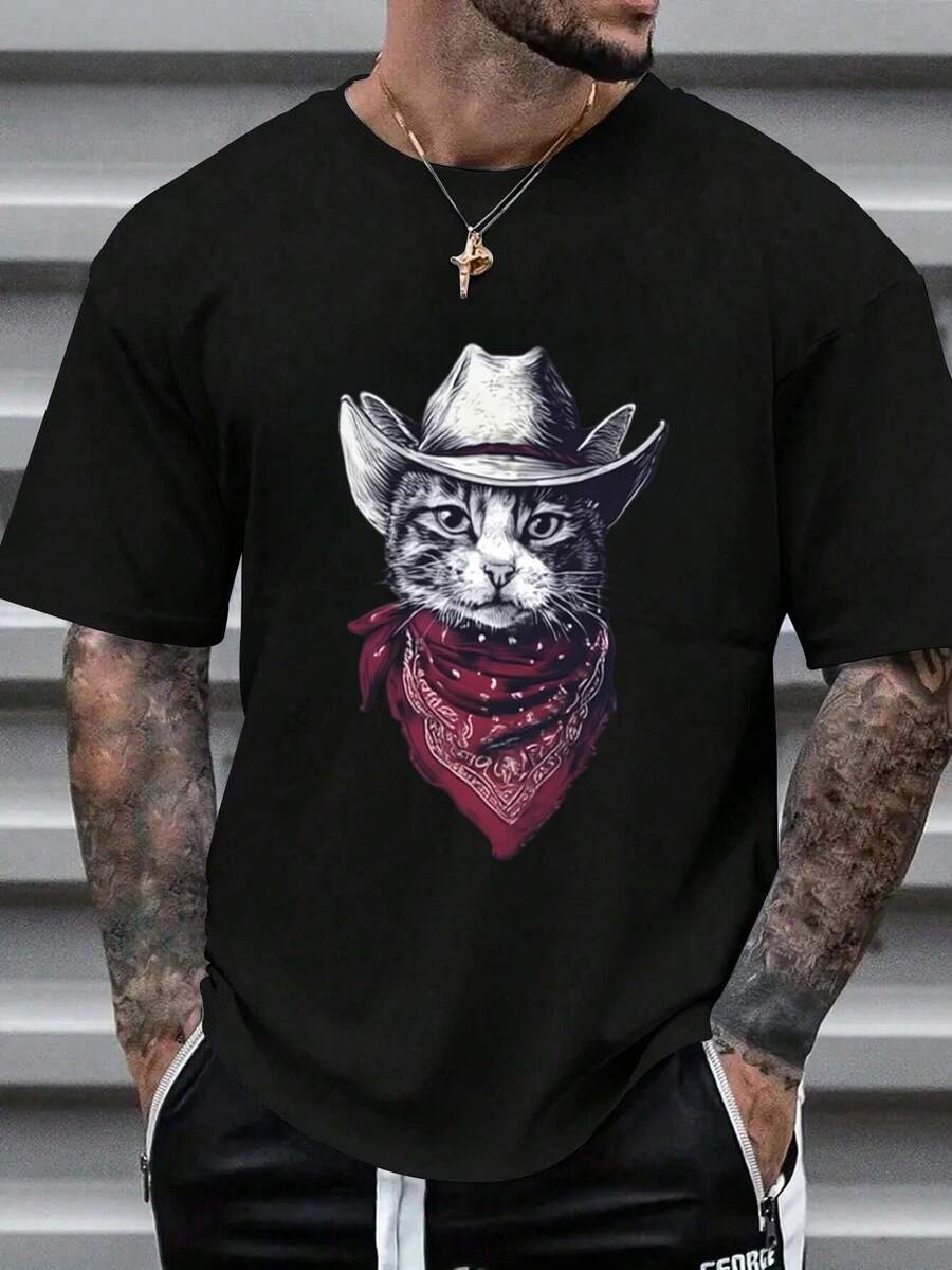 Camiseta de Algodón Puro 200g para Hombre con Estampado de Gato Vaquero con Sombrero y Bandana (Talla Grande) - Cuello Redondo, Cómoda, Transpirable y Estilosa para Verano. Ajuste Regular, Lavable a Máquina, Ideal para Primavera, Verano, Otoño y Fiestas,ropa de hombre,parejas,envio nacional,regalo para hombre,oversize hombre. - Negro - Ver 1
