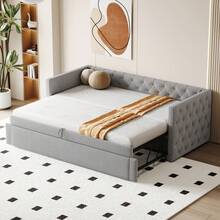 Upholstered Bed, Extendable Sofa Bed, 90*200 Cm, Classic Design With Full-Length Tufting, With Slatted Base, Multifunctional Bed/Guest Bed, Soft, Skin-Friendly Velvet Fabric, Light Grey (Mattress Not Included) - Black - View 12