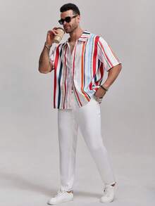 1pc Men's Contrast Color Red & White Striped Textured Polo Collar Single-Breasted Short Sleeve Shirt, Fashionable & Versatile Casual/Work Wear, Elegant For Holiday Parties, Suitable Gift For Father, Boyfriend, Dad, Friends - Red - View 6