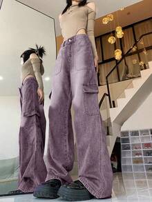 女士工装口袋阔腿宽松休闲百搭牛仔裤 春季款 - 紫色 - 查看 3