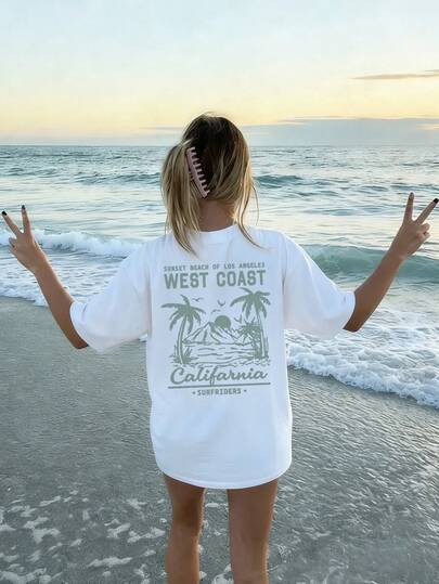 Women's New Summer Casual Round Neck Short Sleeve T-Shirt, Minimalist Versatile Palm Tree Slogan Print, Suitable For Daily Wear. Graphic Tee, Women's White Top, Black Top, Pink Top, Vacation.