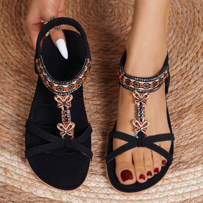 Bohemian Style Beaded Butterfly Decor Flip Flops For Women, Woven Elastic Band Slip-On Design, Rhinestone Floral Pattern, Soft Sole Casual & Commuting Footwear