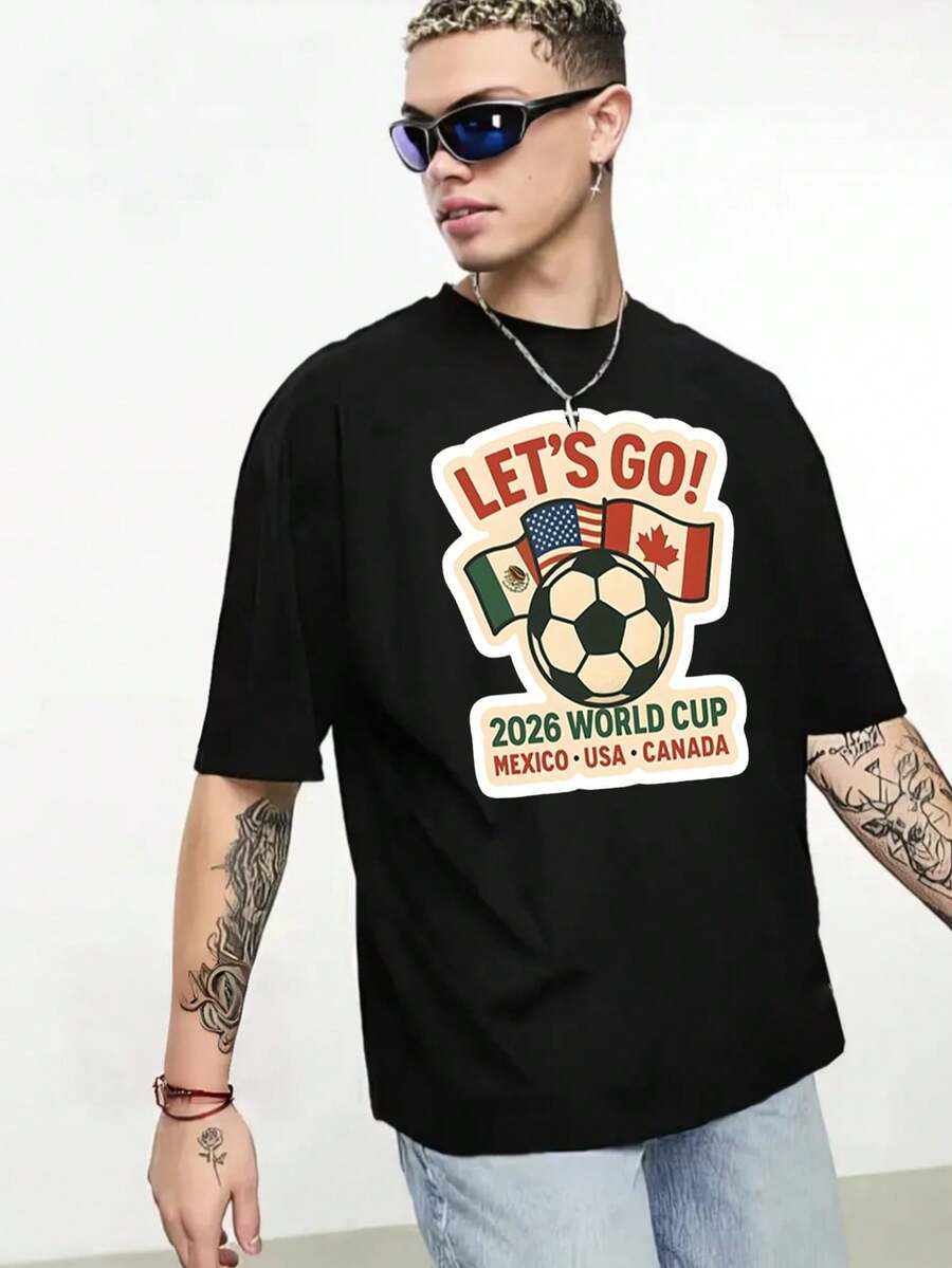 1 Piece Men Cotton Solid Color English Letter Let's Go 2026 World Cup Mexico Usa Canada Printed Short Sleeved Round Neck T-Shirt Suitable For Daily Wear Going Out Leisure Sports School Travel Family Gatherings And Other Occasions Short Sleeved T-Shirt Summer T-Shirt Multiple T-Shirts Can Be Given As Gifts To Family Members 2000s Y2k Style - Negro - Ver 1
