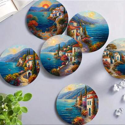 4pcs/6pcs/300pcs Resort Town Patterned Diatom Mud Coasters Are Suitable For Home Decoration, Restaurant Decoration, Theme Parties, Daily Decoration, And Can Also Be Given As Gifts