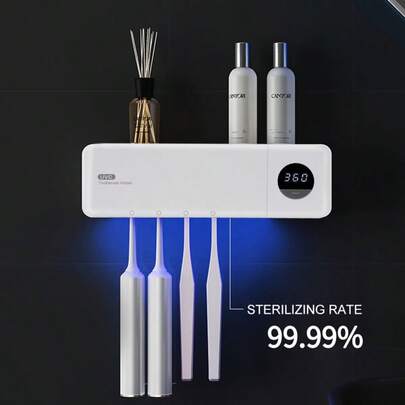 RAF 1pc UV Toothbrush Sterilizer, Wall-Mounted 4-Slot Toothbrush & Smart Toothpaste Dispenser, Toothbrush Holder, Intelligent, Bathroom Accessory, UV Toothbrush Rack, No-Drill Toothbrush Holder With Toothpaste Dispenser Kit, Smart Toothbrush Sterilizer With Automatic Toothpaste Dispenser - Wall-Mounted, 4-Slot Storage, Durable Plastic, USB Rechargeable, Modern Bathroom Organizer For Electric Toothbrush And Accessories, Bathroom Toothbrush Holder, Stylish Design