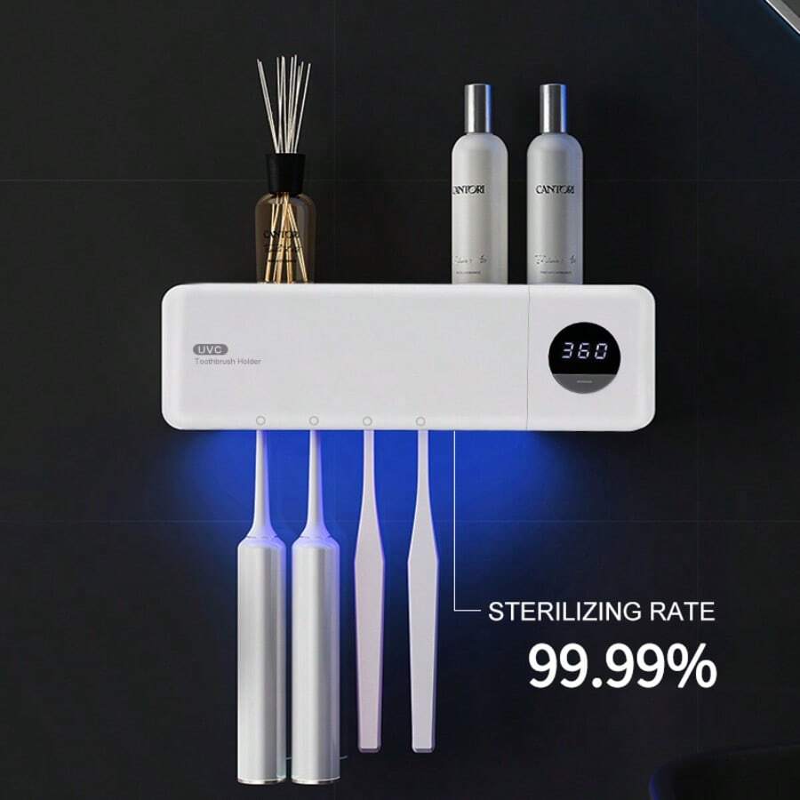 RAF Dispensador de pasta de dientes, soporte de pared para cepillo de dientes, inteligente, accesorio de baño, soporte de cepillo de dientes con UV, kit de dispensador de soporte de cepillo de dientes, desinfectante inteligente de cepillo de dientes con dispensador automático de pasta de dientes, batería recargable por USB