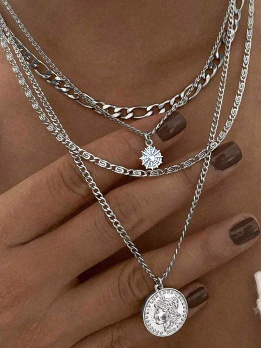 1 件时尚百搭朋克风格多层吊坠项链 - 銀色 - 查看 1