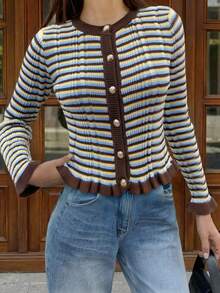 MORI Contrast Stripe Round Neck Metal Button Long Sleeve Knit Cardigan For Women, Spring/Summer New Arrival, Fashion Elegant Versatile Commuter Jacket, Daily Casual Ruffle Hem Carnival Top - Multicolor - View 2