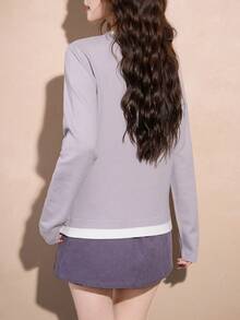 Alicedudu Women's Casual Soft Color Block Pullover Sweater, Spring/Autumn - Dusty Purple - View 2