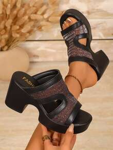 1双女士豹纹皮革套脚凉鞋，休闲粗跟高跟鞋，透气百搭 - 香檳色 - 查看 5