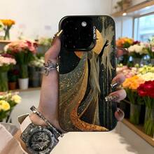 Cubierta de telefono elegante negra con estampado dorado de figura femenina y detalles artísticos para mujer uso diario en floristeria,Aplicable a los teléfonos de la serie Apple y Galaxy - Negro - Ver 2