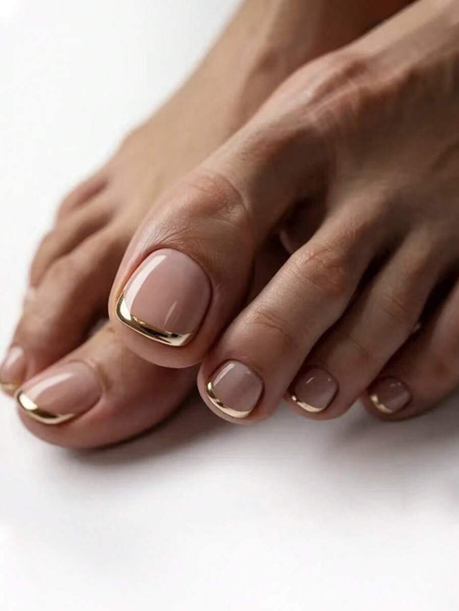 Bộ 24 miếng dán móng chân kiểu Pháp màu vàng kim, hình vuông ngắn tối giản, bộ dụng cụ làm móng bao gồm 1 tờ keo dán và 1 dũa móng mini, thích hợp sử dụng hàng ngày. - Nhiều màu - Xem 1