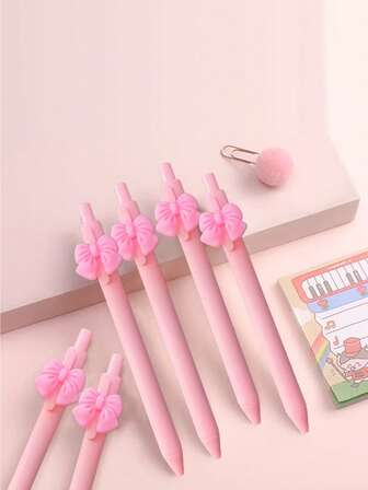 2pcs Pink Bow-Shaped Click Ballpoint Pens, Recommended Stationery For Girly Aesthetic