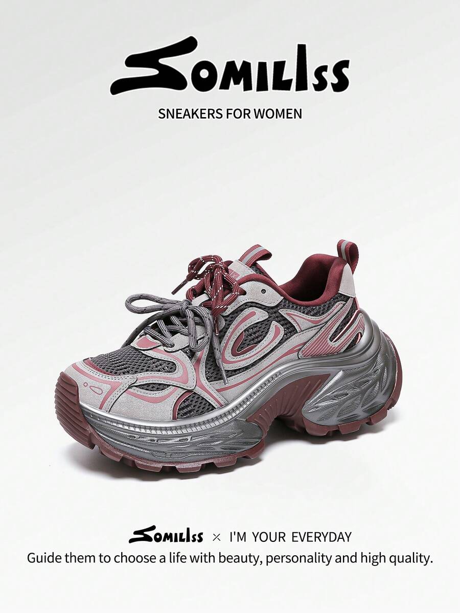 somiliss 1 Pair Women's Lace-Up Sports Casual Shoes, Slip-Resistant, Microfiber Leather & Mesh Upper, Comfortable Running Sneakers, Platform 6cm Thick Sole, Low-Top Outdoor Walking Shoes, Red Color, Spring 2026 New Arrival