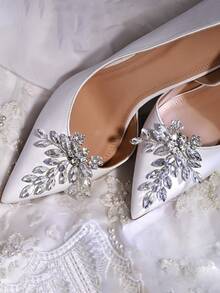 1pc Elegant Pearl Flower Rhinestone Detachable Shoe Clip, European & American Style Crystal Wedding Dress Shoes Decor HX69 - Silver - View 5