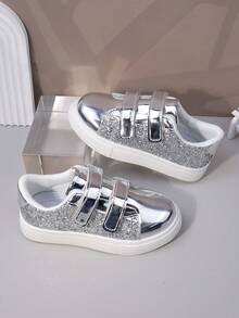 儿童运动鞋，幼儿运动鞋，新款春秋季纯色魔术贴休闲运动鞋，厚底透气男女童跑步鞋，校园休闲学生皮鞋 - 銀色 - 查看 7