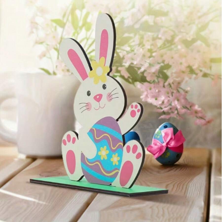 1 Easter Bunny Wooden Decoration, Artificial Wooden Bunny And Egg Design, Holiday Bedroom Decoration, English Text, Desktop Display Home Decor Ornaments Home Miniature Things