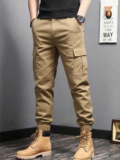 Men's Casual Outdoor Cargo Pants, Solid Color Ankle Tie Drawstring Multi-Pocket 3/4 Pants, Minimalist Versatile, Elastic Waistband, Suitable As Gift For Husband, Boyfriend