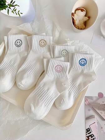5 pares de calcetines con estampado de cara sonriente para mujer, suaves y cómodos, adecuados para uso diario