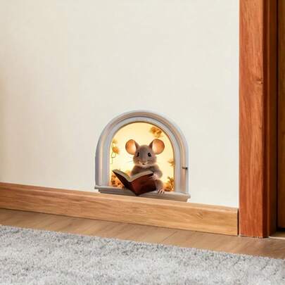 3 件装可爱老鼠墙贴 - 可移除自粘卡通仓鼠/沙鼠状动物贴纸，带老鼠洞镂空，光面乙烯基材质，适用于房间、浴室、卧室 - 易撕易贴（不留残胶）