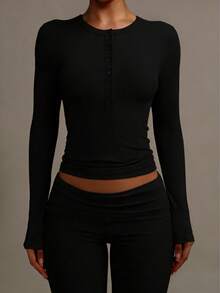 XLLAIS Women's Solid Color Long Sleeve Button Knit Elastic T-Shirt, Spring/Summer Casual Black - Black - View 7