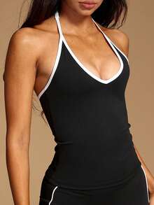 VVX 女士撞色露背吊带短款背心，适合运动、瑜伽，深V领，可调节肩带，性感露背，撞色设计，Y2K风格，休闲柔软，适合健身房、日常穿着，四季皆宜，情人节礼物。 - 黑色 - 查看 2