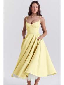Vestidos Elegantes De Mujer,Women's Elegant Double-Layered Dress With A Full Skirt - 黃色 - 查看 3