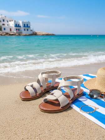 1 Pair Children's Beige PU Material Anti-Slip Durable Round Toe Peep-Toe Shaped Elastic Band Casual Flat Sandals, Suitable For Boys And Girls, Vacation, Birthday Party, School, Spring 2026 New Arrival