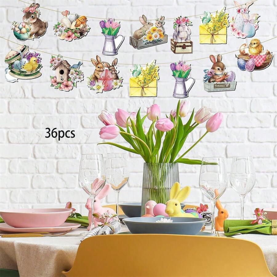 36 adornos de conejito de Pascua de madera para colgar en el árbol de primavera con cuerda para el hogar y la cocina. - Multicolor - Ver 1