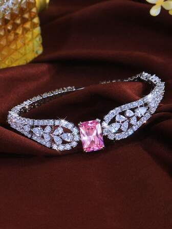 1pc Noble Women Silver Plated Pink Baguette Cubic Zirconia Hollow Leaf Wide Bracelet Bangle CZ Wedding Jewelry For Bridal Engagement Banquet Pageant Party To Brides Bridesmaids Girlfriends Wife Gift