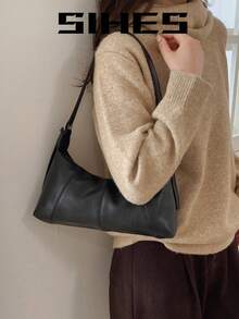 1 pieza Bolso de hombro de mujer de unicolor de piel de PU, bolso de axila en forma de media luna de moda, cierre con cremallera, diseño plisado, correa ajustable, adecuado para chicas, damas, estudiantes universitarias, jóvenes profesionales, oficina, escuela, trabajo, negocios, viajes, compras - Negro - Ver 9